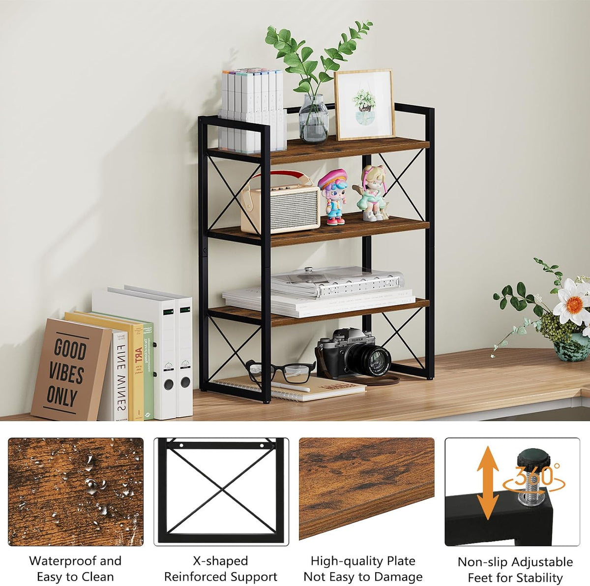 Desktop Shelf Organizer, 2 Tier Office Shelves, Wood Desk Organizer Storage Rack and Freestanding Display Shelf for Office, Dormitory, Home