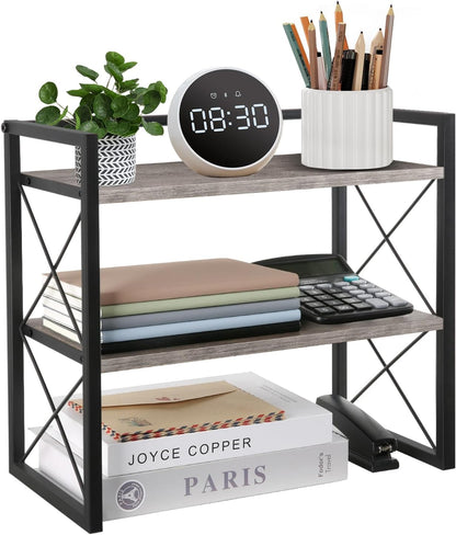 Desktop Shelf Organizer, 2 Tier Office Shelves, Wood Desk Organizer Storage Rack and Freestanding Display Shelf for Office, Dormitory, Home