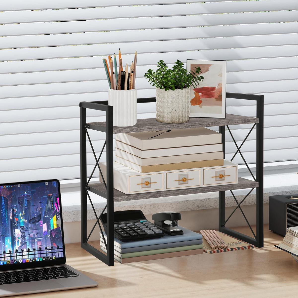 Desktop Shelf Organizer, 2 Tier Office Shelves, Wood Desk Organizer Storage Rack and Freestanding Display Shelf for Office, Dormitory, Home