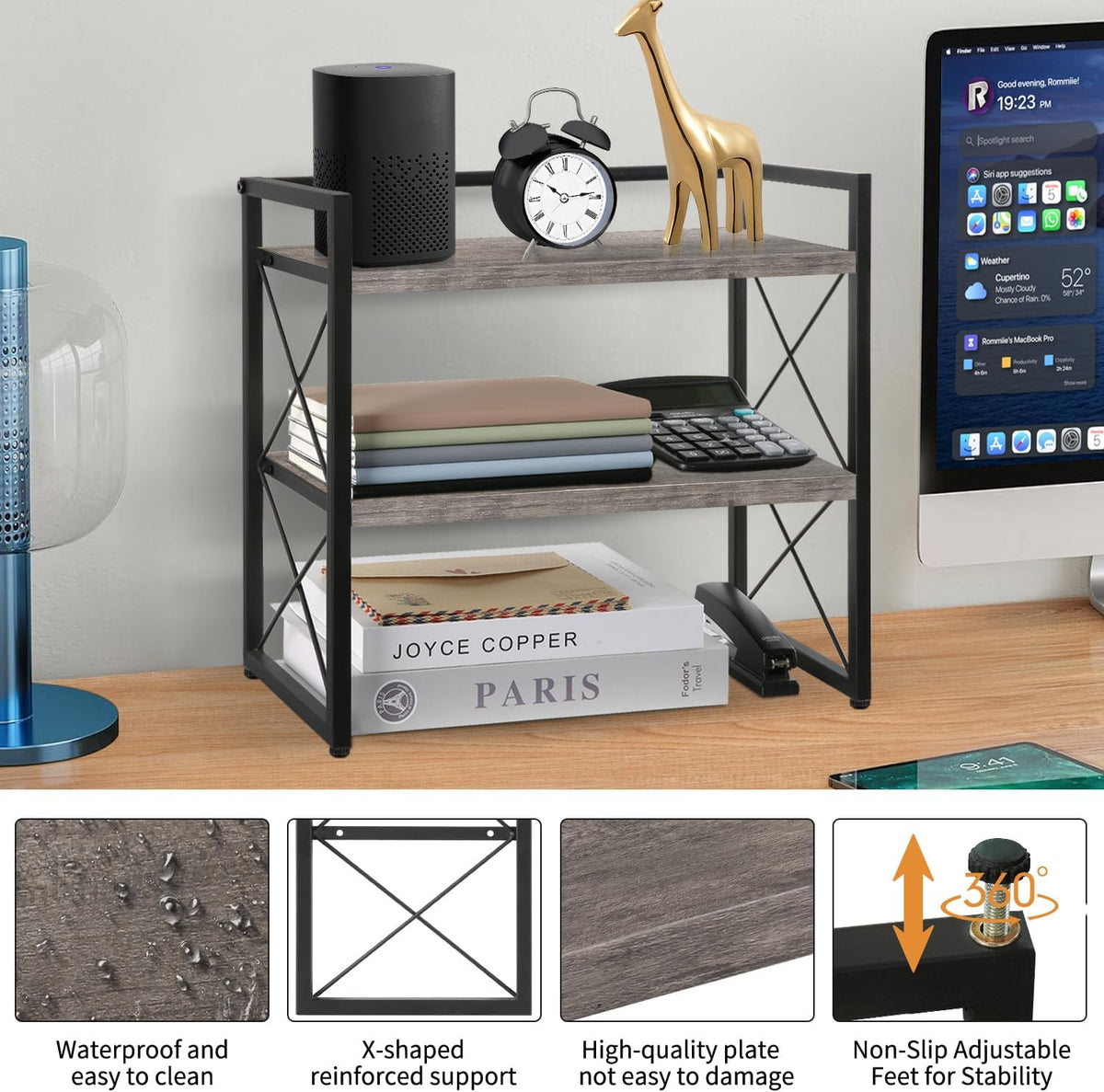 Desktop Shelf Organizer, 2 Tier Office Shelves, Wood Desk Organizer Storage Rack and Freestanding Display Shelf for Office, Dormitory, Home