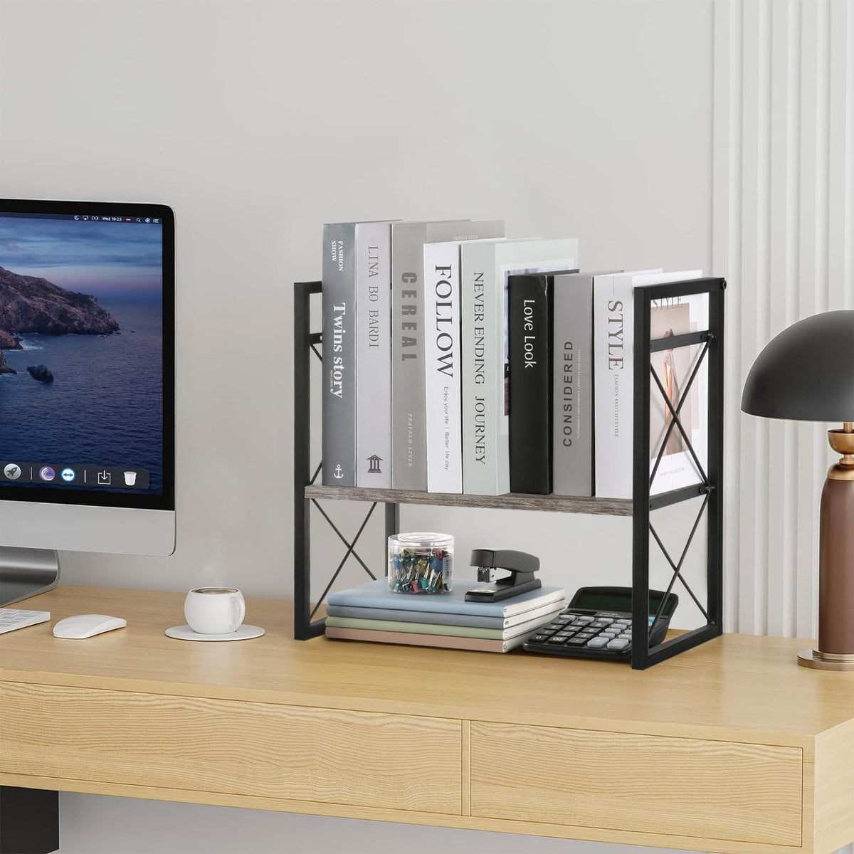 Desktop Shelf Organizer, 2 Tier Office Shelves, Wood Desk Organizer Storage Rack and Freestanding Display Shelf for Office, Dormitory, Home