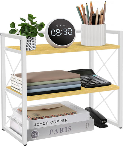 Desktop Shelf Organizer, 2 Tier Office Shelves, Wood Desk Organizer Storage Rack and Freestanding Display Shelf for Office, Dormitory, Home