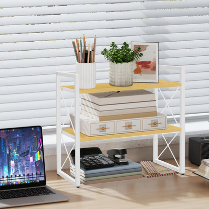 Desktop Shelf Organizer, 2 Tier Office Shelves, Wood Desk Organizer Storage Rack and Freestanding Display Shelf for Office, Dormitory, Home