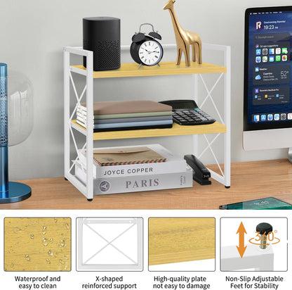 Desktop Shelf Organizer, 2 Tier Office Shelves, Wood Desk Organizer Storage Rack and Freestanding Display Shelf for Office, Dormitory, Home