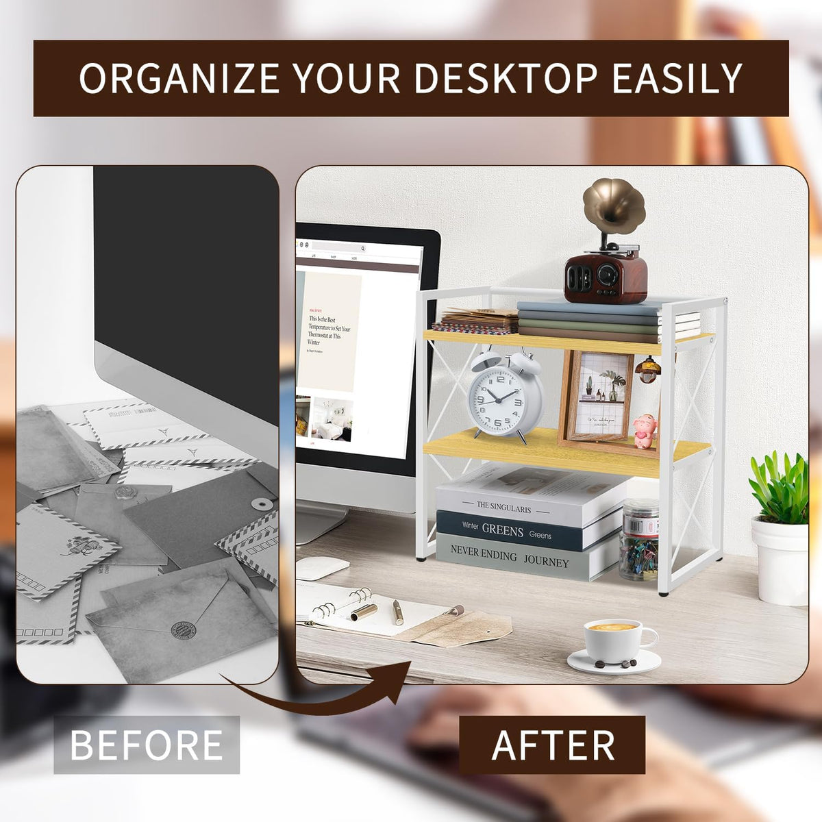 Desktop Shelf Organizer, 2 Tier Office Shelves, Wood Desk Organizer Storage Rack and Freestanding Display Shelf for Office, Dormitory, Home