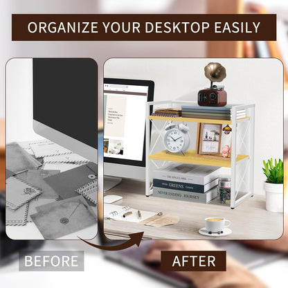 Desktop Shelf Organizer, 2 Tier Office Shelves, Wood Desk Organizer Storage Rack and Freestanding Display Shelf for Office, Dormitory, Home