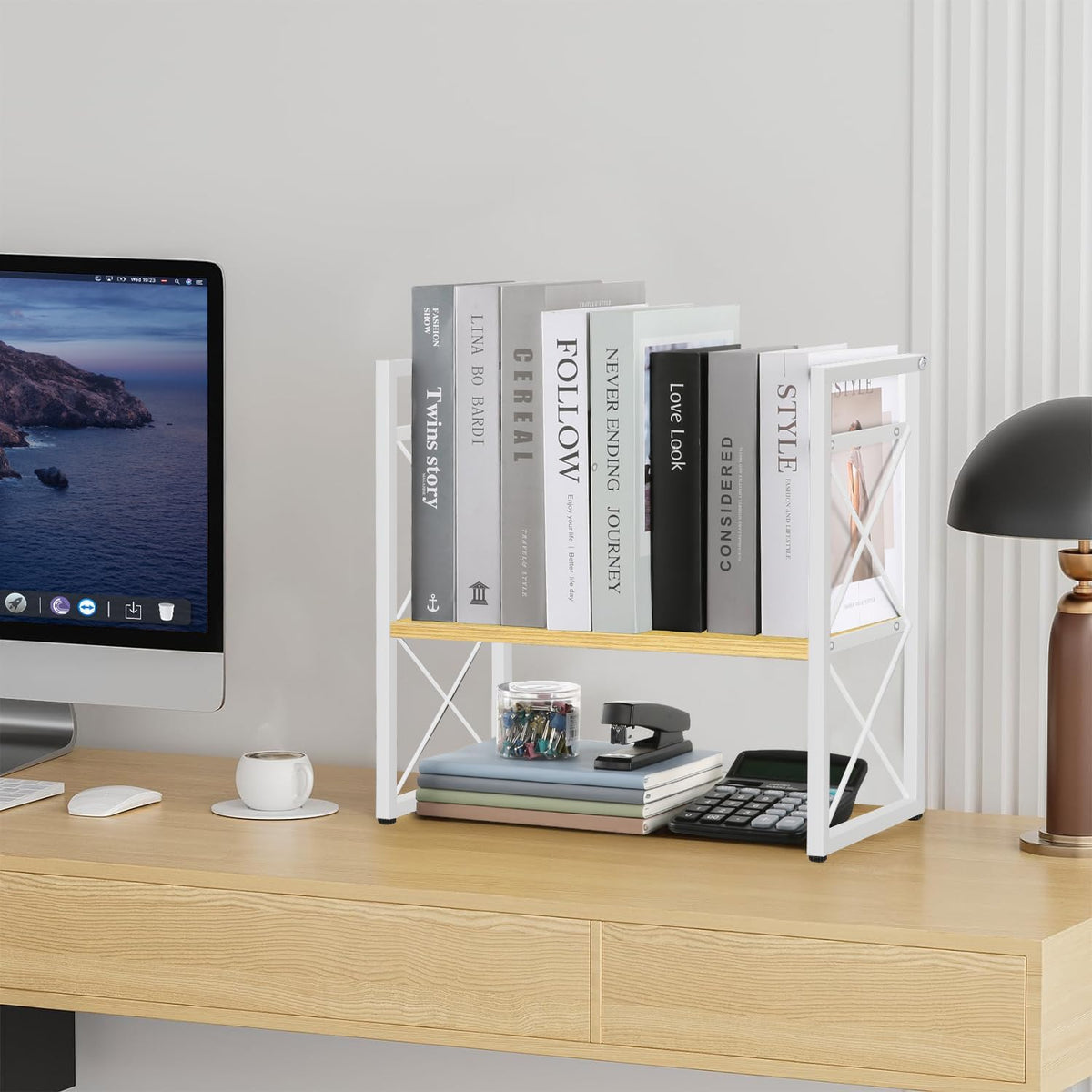 Desktop Shelf Organizer, 2 Tier Office Shelves, Wood Desk Organizer Storage Rack and Freestanding Display Shelf for Office, Dormitory, Home
