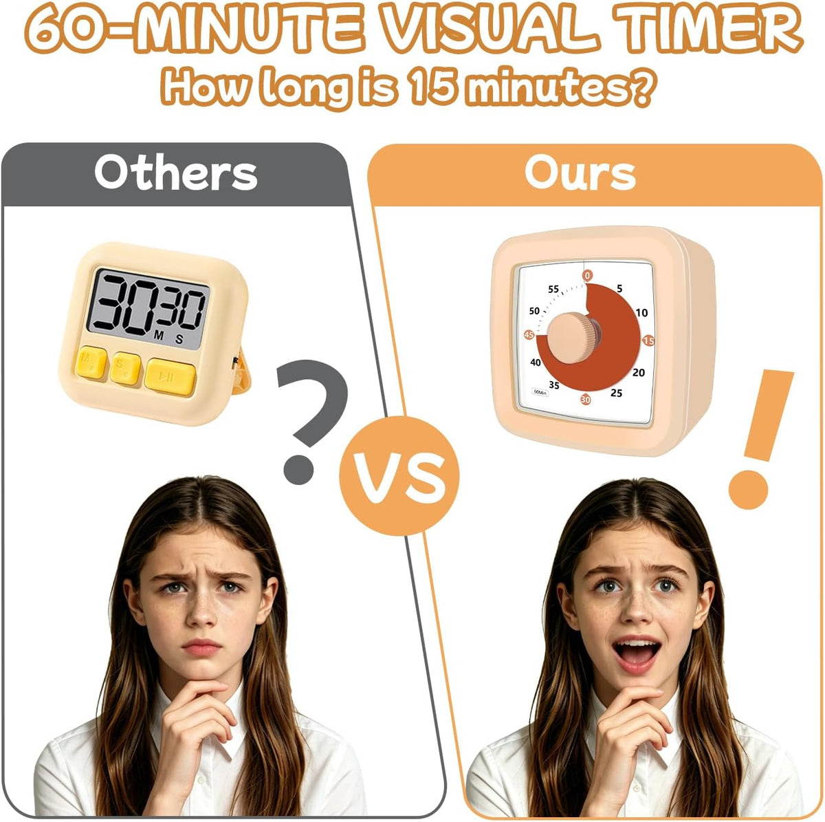 Visual Timer, 60 Minute Timer Silent Countdown Clock for Kids Homework, Classroom Time Management, Kitchen Timer for Cooking, No Ticking Mini Desk Timer for Adults Pomodoro Teachers, Orange