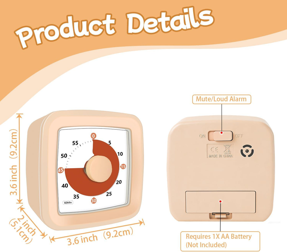 Visual Timer, 60 Minute Timer Silent Countdown Clock for Kids Homework, Classroom Time Management, Kitchen Timer for Cooking, No Ticking Mini Desk Timer for Adults Pomodoro Teachers, Orange