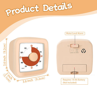 Visual Timer, 60 Minute Timer Silent Countdown Clock for Kids Homework, Classroom Time Management, Kitchen Timer for Cooking, No Ticking Mini Desk Timer for Adults Pomodoro Teachers, Orange