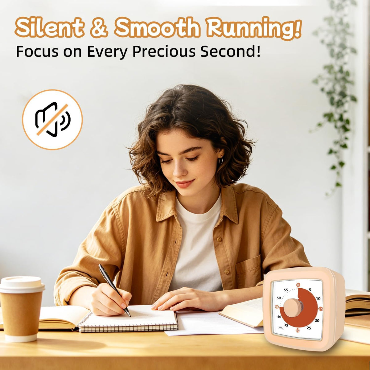 Visual Timer, 60 Minute Timer Silent Countdown Clock for Kids Homework, Classroom Time Management, Kitchen Timer for Cooking, No Ticking Mini Desk Timer for Adults Pomodoro Teachers, Orange
