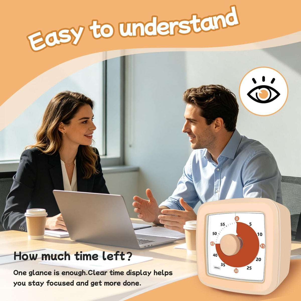 Visual Timer, 60 Minute Timer Silent Countdown Clock for Kids Homework, Classroom Time Management, Kitchen Timer for Cooking, No Ticking Mini Desk Timer for Adults Pomodoro Teachers, Orange