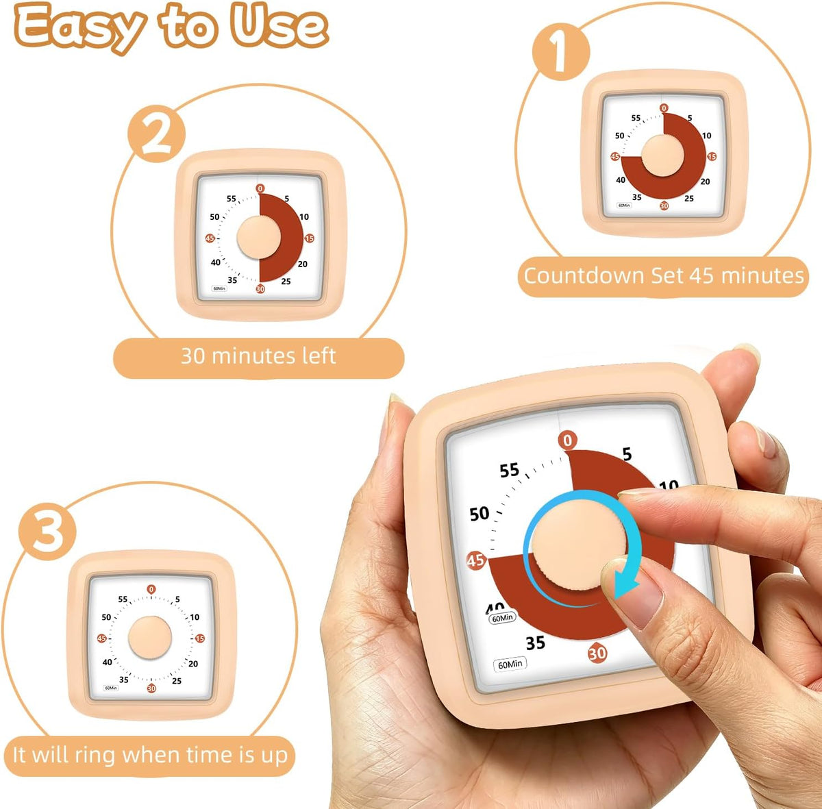 Visual Timer, 60 Minute Timer Silent Countdown Clock for Kids Homework, Classroom Time Management, Kitchen Timer for Cooking, No Ticking Mini Desk Timer for Adults Pomodoro Teachers, Orange