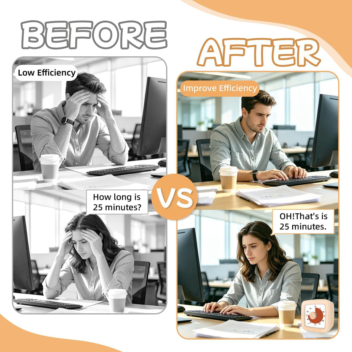 Visual Timer, 60 Minute Timer Silent Countdown Clock for Kids Homework, Classroom Time Management, Kitchen Timer for Cooking, No Ticking Mini Desk Timer for Adults Pomodoro Teachers, Orange
