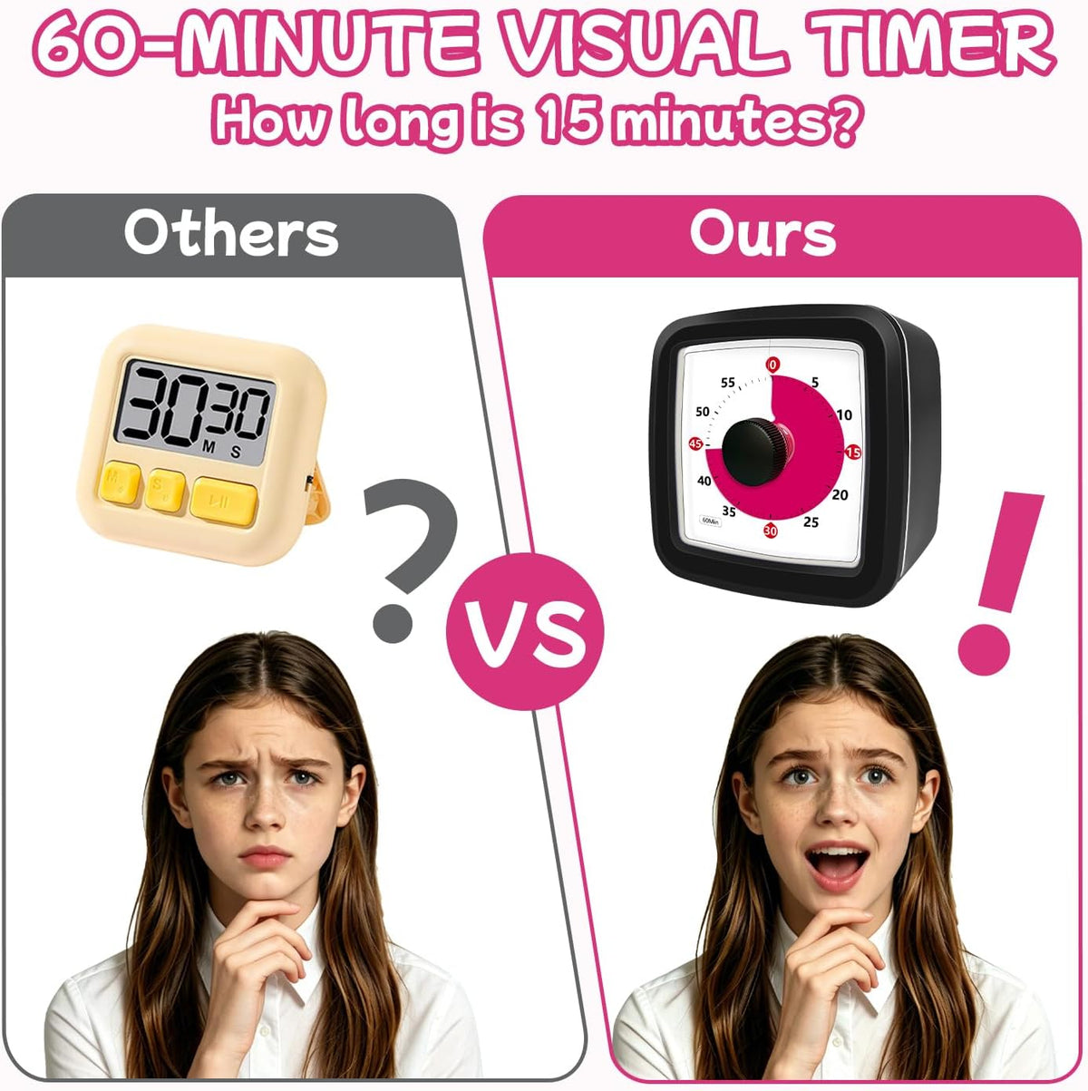 Visual Timer, 60 Minute Timer Silent Countdown Clock for Kids Homework, Classroom Time Management, Kitchen Timer for Cooking, No Ticking Mini Desk Timer for Adults Pomodoro Teachers, Orange