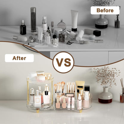Makeup Organizer Countertop for Vanity, Rotating Perfume Tray with 5-compartment Cosmetic and Skincare Organizers, Multi-Purpose Desk Storage Makeup Brush Holder for Bathroom Bedroom Counter