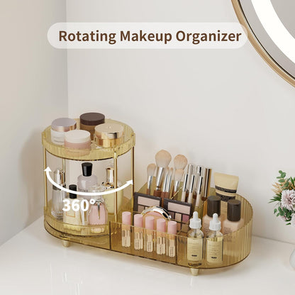 Makeup Organizer Countertop for Vanity, Rotating Perfume Tray with 5-compartment Cosmetic and Skincare Organizers, Multi-Purpose Desk Storage Makeup Brush Holder for Bathroom Bedroom Counter