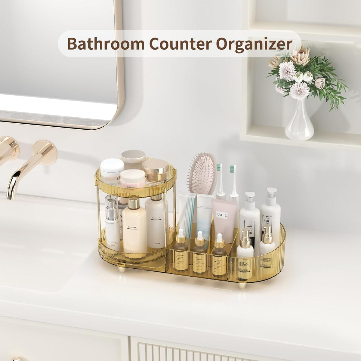 Makeup Organizer Countertop for Vanity, Rotating Perfume Tray with 5-compartment Cosmetic and Skincare Organizers, Multi-Purpose Desk Storage Makeup Brush Holder for Bathroom Bedroom Counter