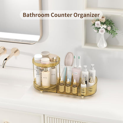 Makeup Organizer Countertop for Vanity, Rotating Perfume Tray with 5-compartment Cosmetic and Skincare Organizers, Multi-Purpose Desk Storage Makeup Brush Holder for Bathroom Bedroom Counter