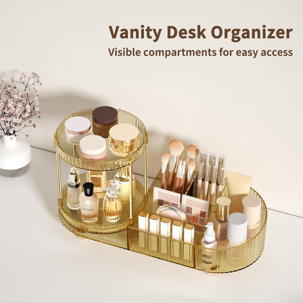 Makeup Organizer Countertop for Vanity, Rotating Perfume Tray with 5-compartment Cosmetic and Skincare Organizers, Multi-Purpose Desk Storage Makeup Brush Holder for Bathroom Bedroom Counter