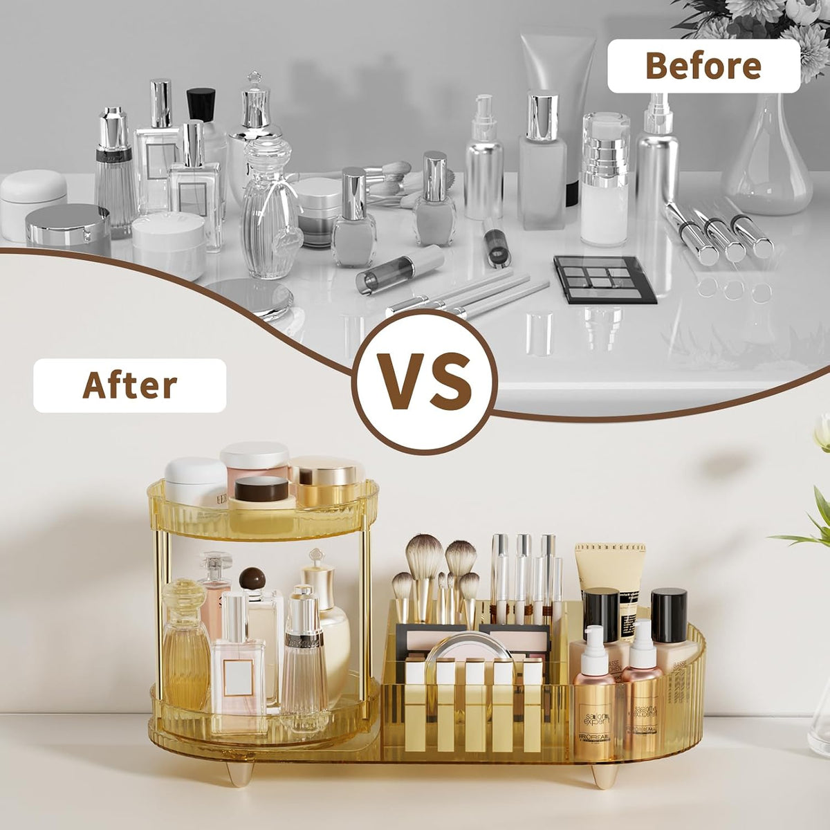 Makeup Organizer Countertop for Vanity, Rotating Perfume Tray with 5-compartment Cosmetic and Skincare Organizers, Multi-Purpose Desk Storage Makeup Brush Holder for Bathroom Bedroom Counter