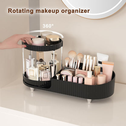 Makeup Organizer Countertop for Vanity, Rotating Perfume Tray with 5-compartment Cosmetic and Skincare Organizers, Multi-Purpose Desk Storage Makeup Brush Holder for Bathroom Bedroom Counter
