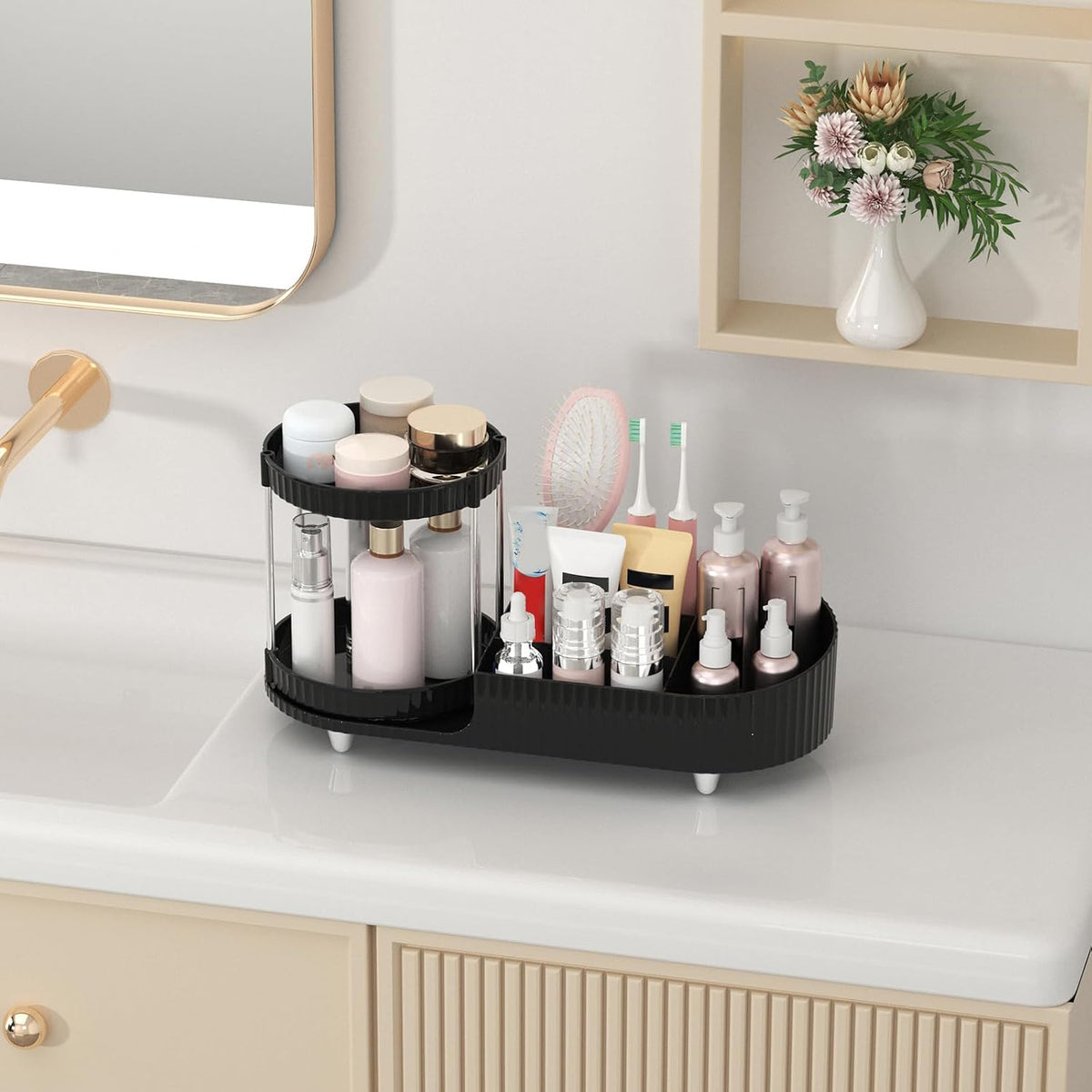 Makeup Organizer Countertop for Vanity, Rotating Perfume Tray with 5-compartment Cosmetic and Skincare Organizers, Multi-Purpose Desk Storage Makeup Brush Holder for Bathroom Bedroom Counter