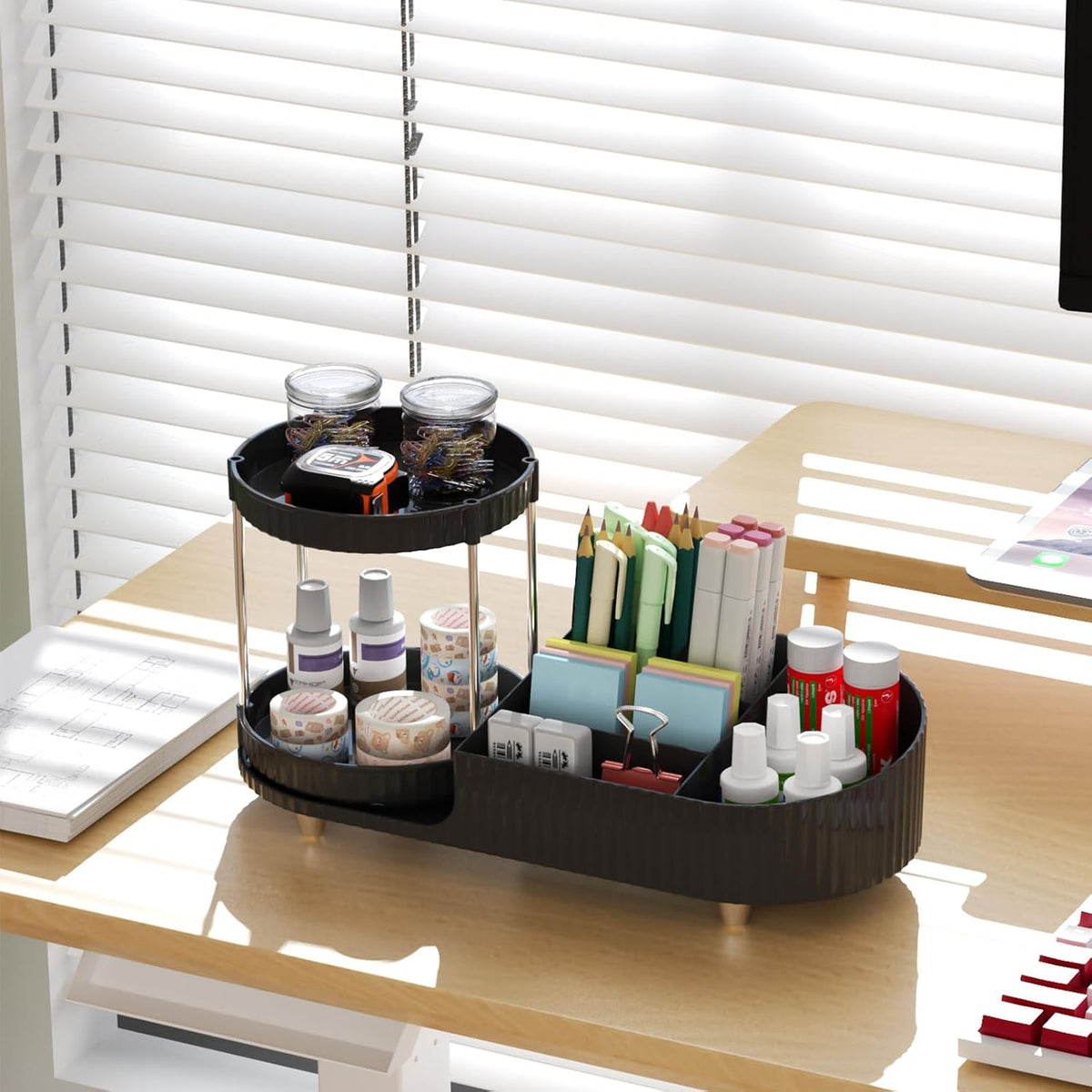 Makeup Organizer Countertop for Vanity, Rotating Perfume Tray with 5-compartment Cosmetic and Skincare Organizers, Multi-Purpose Desk Storage Makeup Brush Holder for Bathroom Bedroom Counter