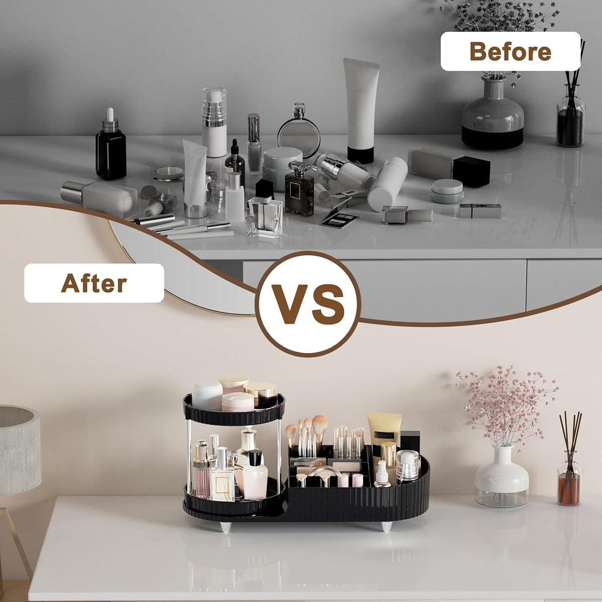 Makeup Organizer Countertop for Vanity, Rotating Perfume Tray with 5-compartment Cosmetic and Skincare Organizers, Multi-Purpose Desk Storage Makeup Brush Holder for Bathroom Bedroom Counter