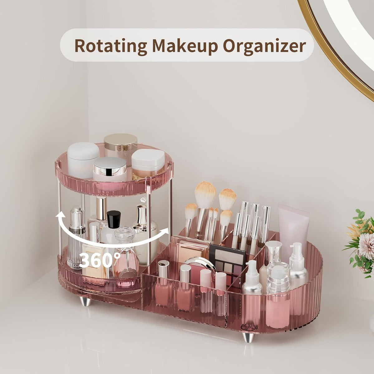 Makeup Organizer Countertop for Vanity, Rotating Perfume Tray with 5-compartment Cosmetic and Skincare Organizers, Multi-Purpose Desk Storage Makeup Brush Holder for Bathroom Bedroom Counter