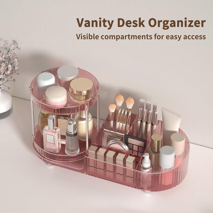 Makeup Organizer Countertop for Vanity, Rotating Perfume Tray with 5-compartment Cosmetic and Skincare Organizers, Multi-Purpose Desk Storage Makeup Brush Holder for Bathroom Bedroom Counter