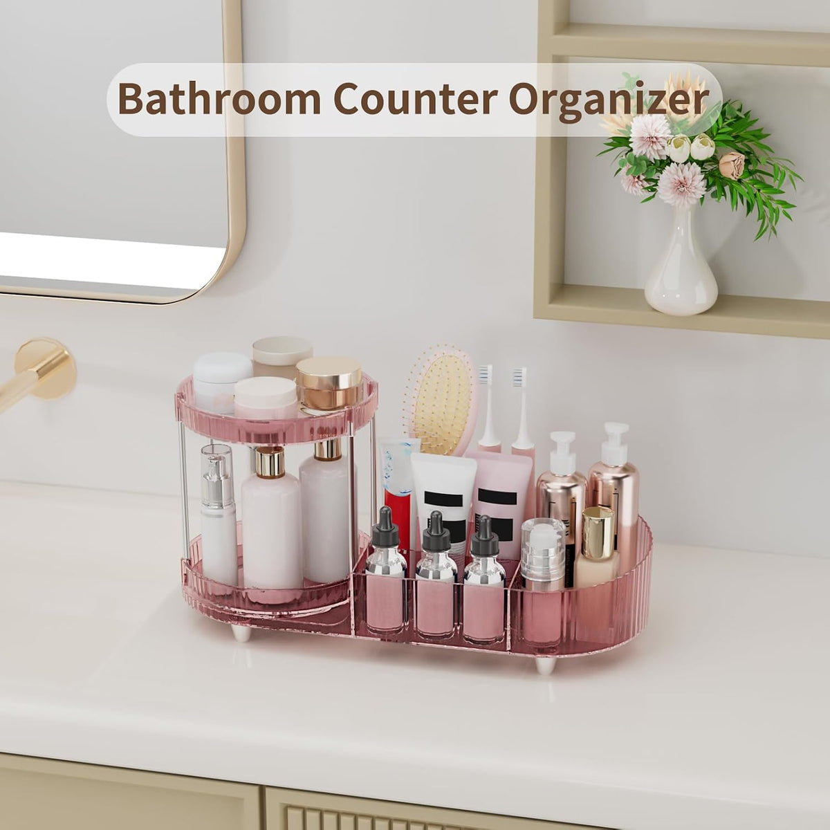 Makeup Organizer Countertop for Vanity, Rotating Perfume Tray with 5-compartment Cosmetic and Skincare Organizers, Multi-Purpose Desk Storage Makeup Brush Holder for Bathroom Bedroom Counter