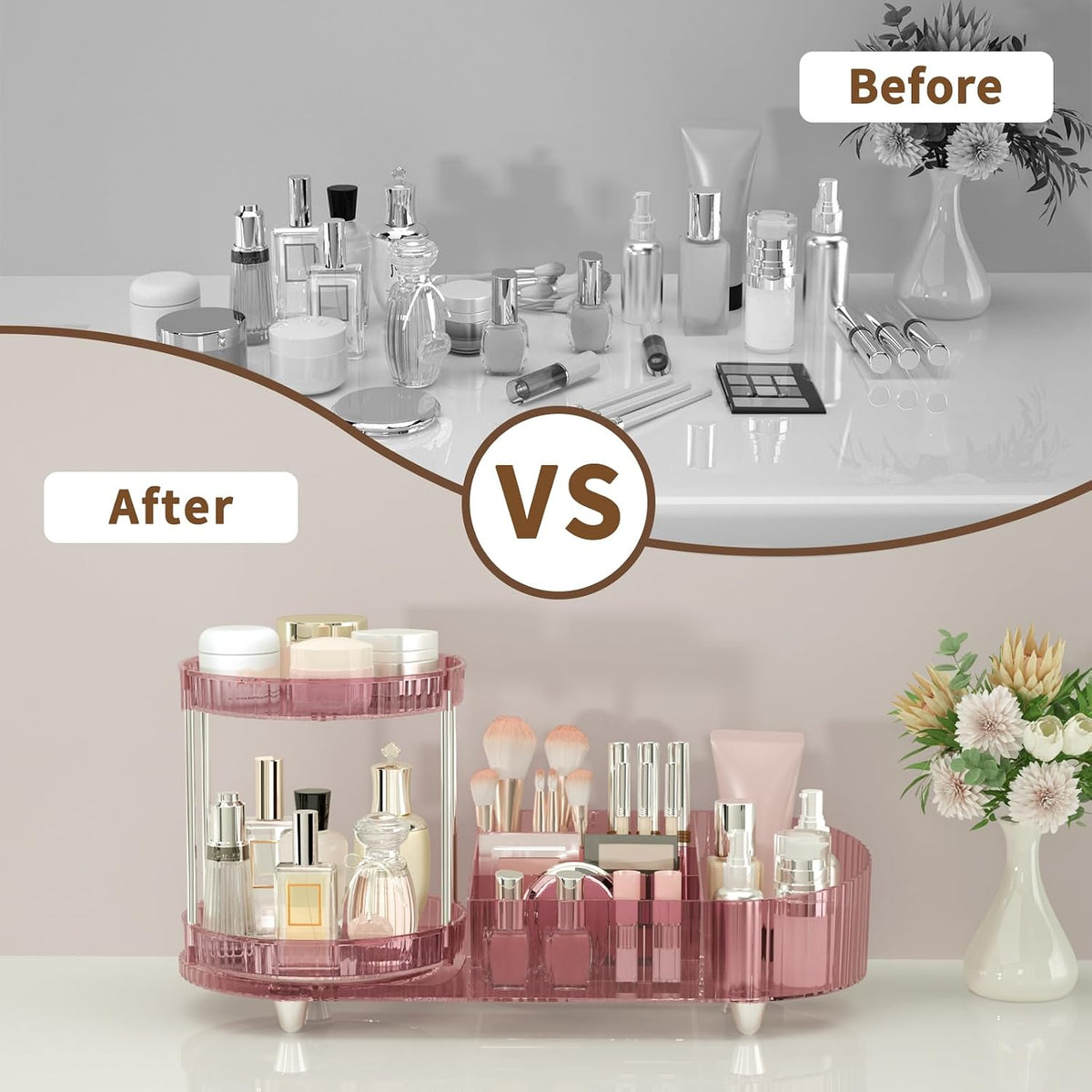 Makeup Organizer Countertop for Vanity, Rotating Perfume Tray with 5-compartment Cosmetic and Skincare Organizers, Multi-Purpose Desk Storage Makeup Brush Holder for Bathroom Bedroom Counter
