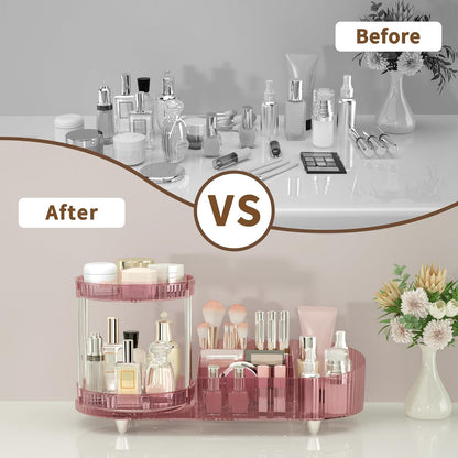 Makeup Organizer Countertop for Vanity, Rotating Perfume Tray with 5-compartment Cosmetic and Skincare Organizers, Multi-Purpose Desk Storage Makeup Brush Holder for Bathroom Bedroom Counter