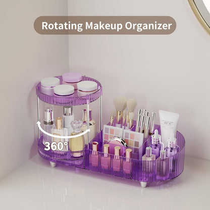 Makeup Organizer Countertop for Vanity, Rotating Perfume Tray with 5-compartment Cosmetic and Skincare Organizers, Multi-Purpose Desk Storage Makeup Brush Holder for Bathroom Bedroom Counter