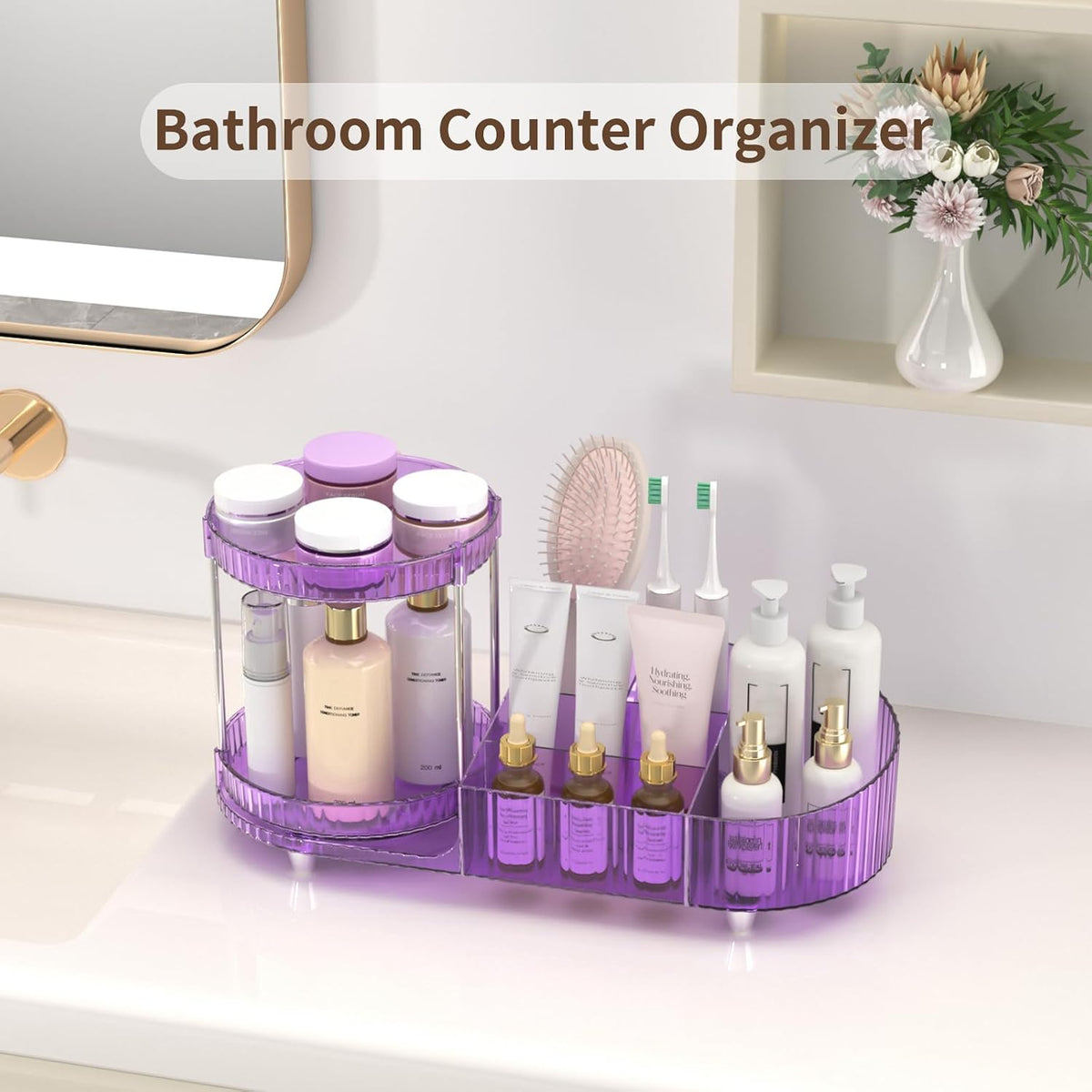Makeup Organizer Countertop for Vanity, Rotating Perfume Tray with 5-compartment Cosmetic and Skincare Organizers, Multi-Purpose Desk Storage Makeup Brush Holder for Bathroom Bedroom Counter