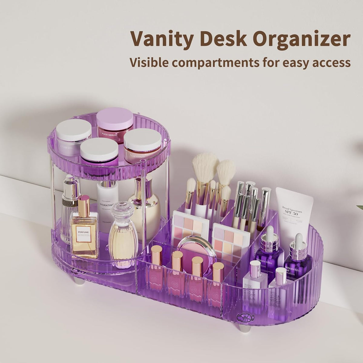 Makeup Organizer Countertop for Vanity, Rotating Perfume Tray with 5-compartment Cosmetic and Skincare Organizers, Multi-Purpose Desk Storage Makeup Brush Holder for Bathroom Bedroom Counter