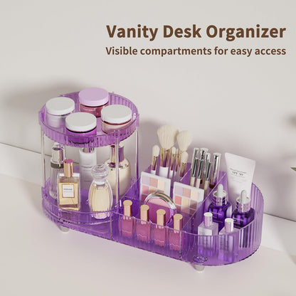 Makeup Organizer Countertop for Vanity, Rotating Perfume Tray with 5-compartment Cosmetic and Skincare Organizers, Multi-Purpose Desk Storage Makeup Brush Holder for Bathroom Bedroom Counter
