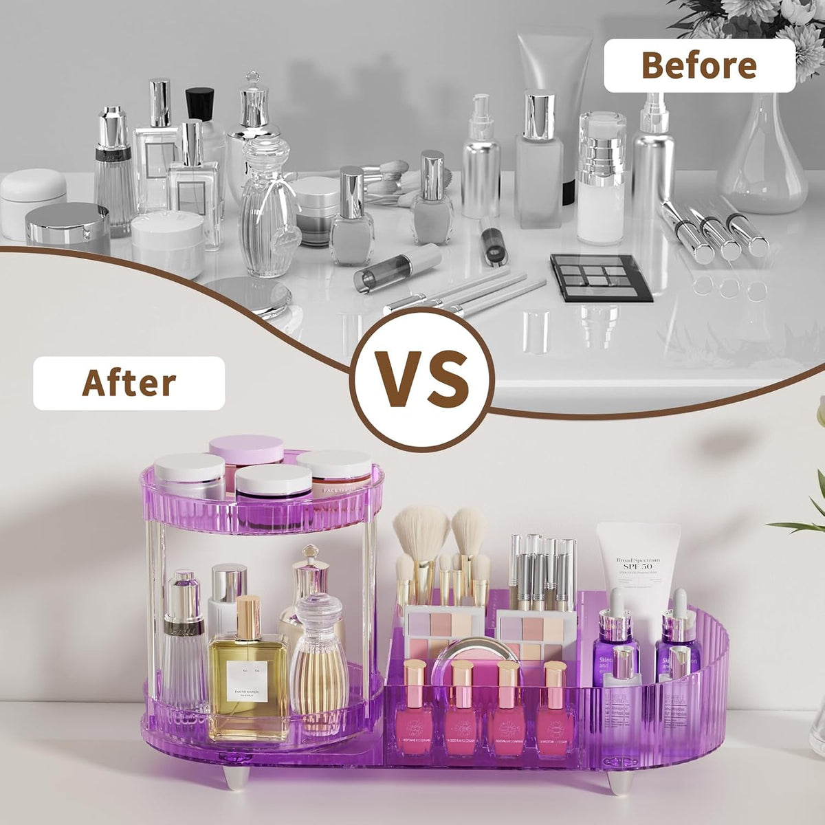 Makeup Organizer Countertop for Vanity, Rotating Perfume Tray with 5-compartment Cosmetic and Skincare Organizers, Multi-Purpose Desk Storage Makeup Brush Holder for Bathroom Bedroom Counter