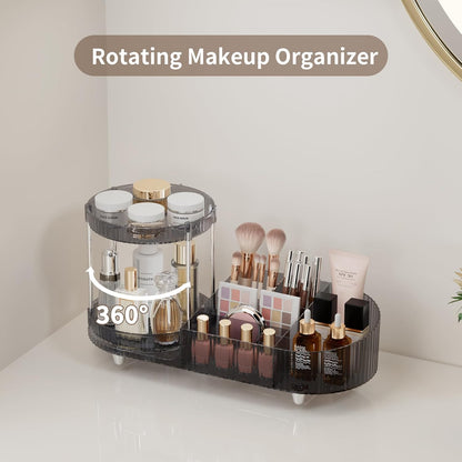Makeup Organizer Countertop for Vanity, Rotating Perfume Tray with 5-compartment Cosmetic and Skincare Organizers, Multi-Purpose Desk Storage Makeup Brush Holder for Bathroom Bedroom Counter