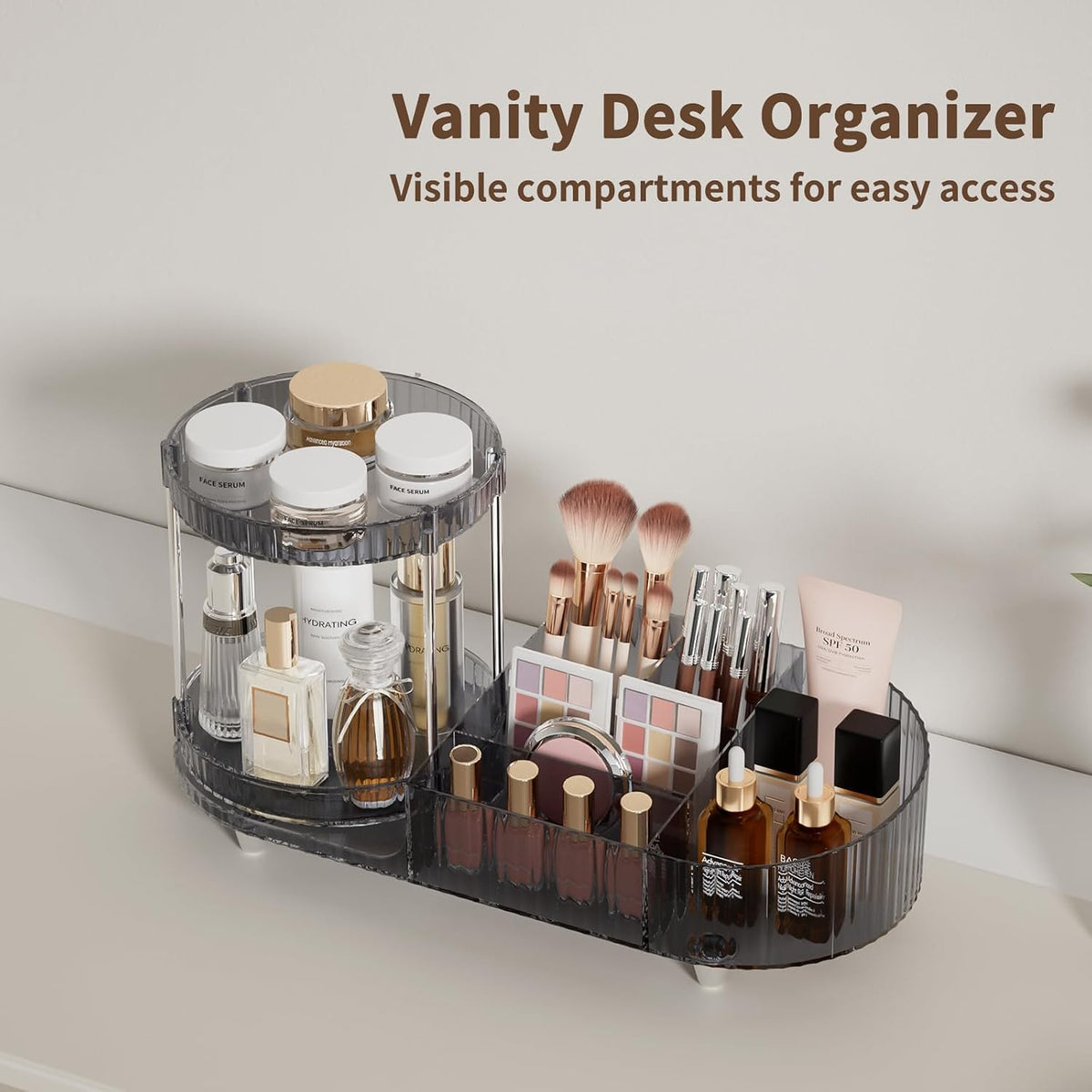 Makeup Organizer Countertop for Vanity, Rotating Perfume Tray with 5-compartment Cosmetic and Skincare Organizers, Multi-Purpose Desk Storage Makeup Brush Holder for Bathroom Bedroom Counter