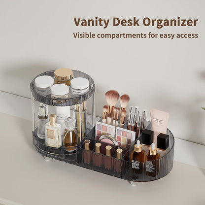 Makeup Organizer Countertop for Vanity, Rotating Perfume Tray with 5-compartment Cosmetic and Skincare Organizers, Multi-Purpose Desk Storage Makeup Brush Holder for Bathroom Bedroom Counter
