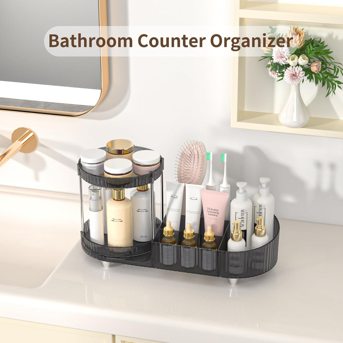 Makeup Organizer Countertop for Vanity, Rotating Perfume Tray with 5-compartment Cosmetic and Skincare Organizers, Multi-Purpose Desk Storage Makeup Brush Holder for Bathroom Bedroom Counter