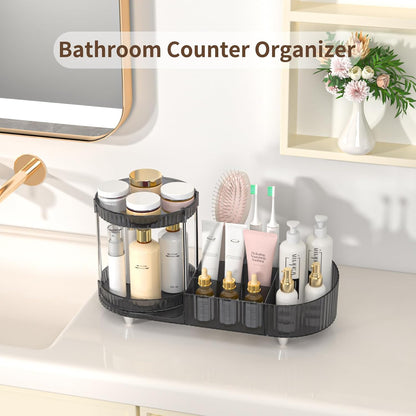 Makeup Organizer Countertop for Vanity, Rotating Perfume Tray with 5-compartment Cosmetic and Skincare Organizers, Multi-Purpose Desk Storage Makeup Brush Holder for Bathroom Bedroom Counter