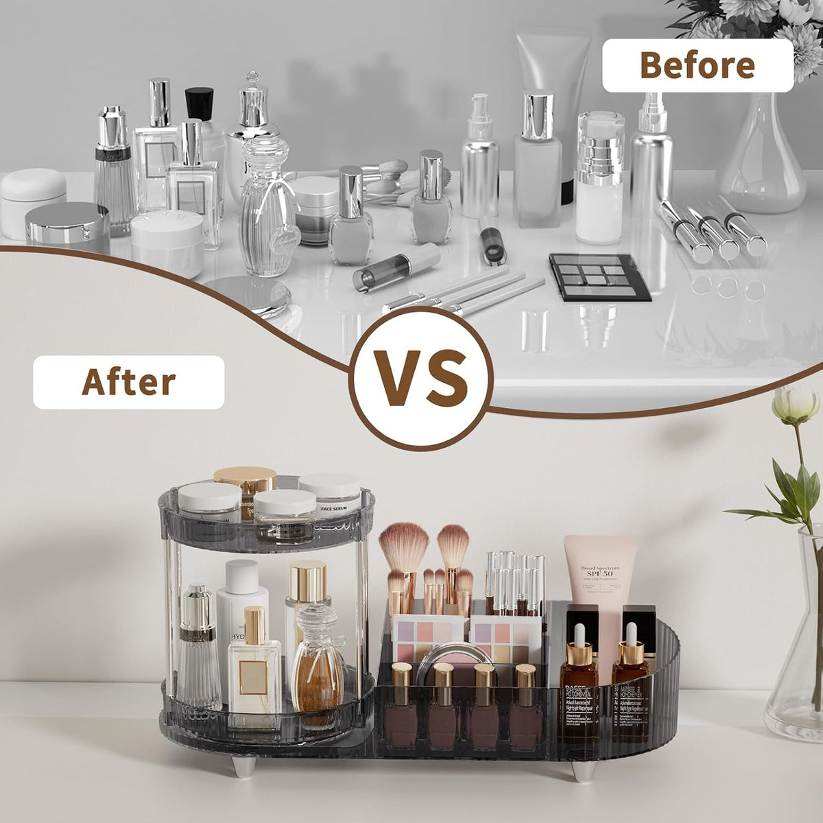Makeup Organizer Countertop for Vanity, Rotating Perfume Tray with 5-compartment Cosmetic and Skincare Organizers, Multi-Purpose Desk Storage Makeup Brush Holder for Bathroom Bedroom Counter