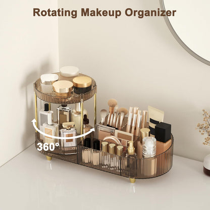 Makeup Organizer Countertop for Vanity, Rotating Perfume Tray with 5-compartment Cosmetic and Skincare Organizers, Multi-Purpose Desk Storage Makeup Brush Holder for Bathroom Bedroom Counter