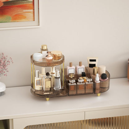Makeup Organizer Countertop for Vanity, Rotating Perfume Tray with 5-compartment Cosmetic and Skincare Organizers, Multi-Purpose Desk Storage Makeup Brush Holder for Bathroom Bedroom Counter