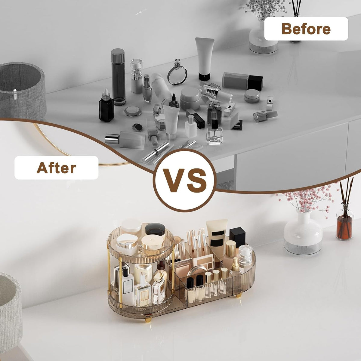 Makeup Organizer Countertop for Vanity, Rotating Perfume Tray with 5-compartment Cosmetic and Skincare Organizers, Multi-Purpose Desk Storage Makeup Brush Holder for Bathroom Bedroom Counter