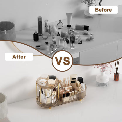 Makeup Organizer Countertop for Vanity, Rotating Perfume Tray with 5-compartment Cosmetic and Skincare Organizers, Multi-Purpose Desk Storage Makeup Brush Holder for Bathroom Bedroom Counter