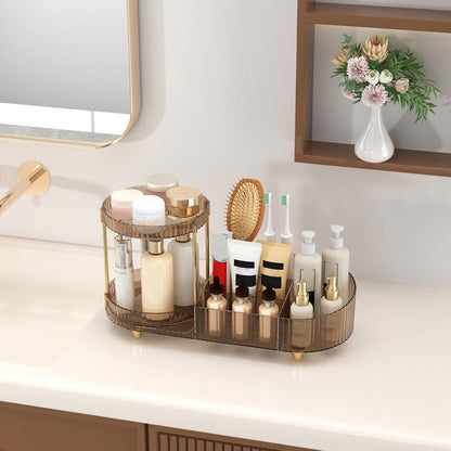 Makeup Organizer Countertop for Vanity, Rotating Perfume Tray with 5-compartment Cosmetic and Skincare Organizers, Multi-Purpose Desk Storage Makeup Brush Holder for Bathroom Bedroom Counter
